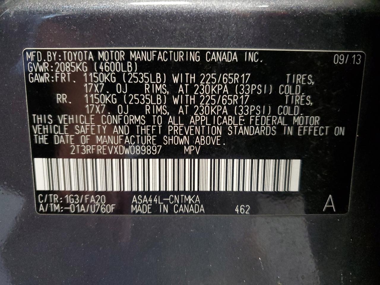 2013 Toyota Rav4 Xle VIN: 2T3RFREVXDW089897 Lot: 63336374