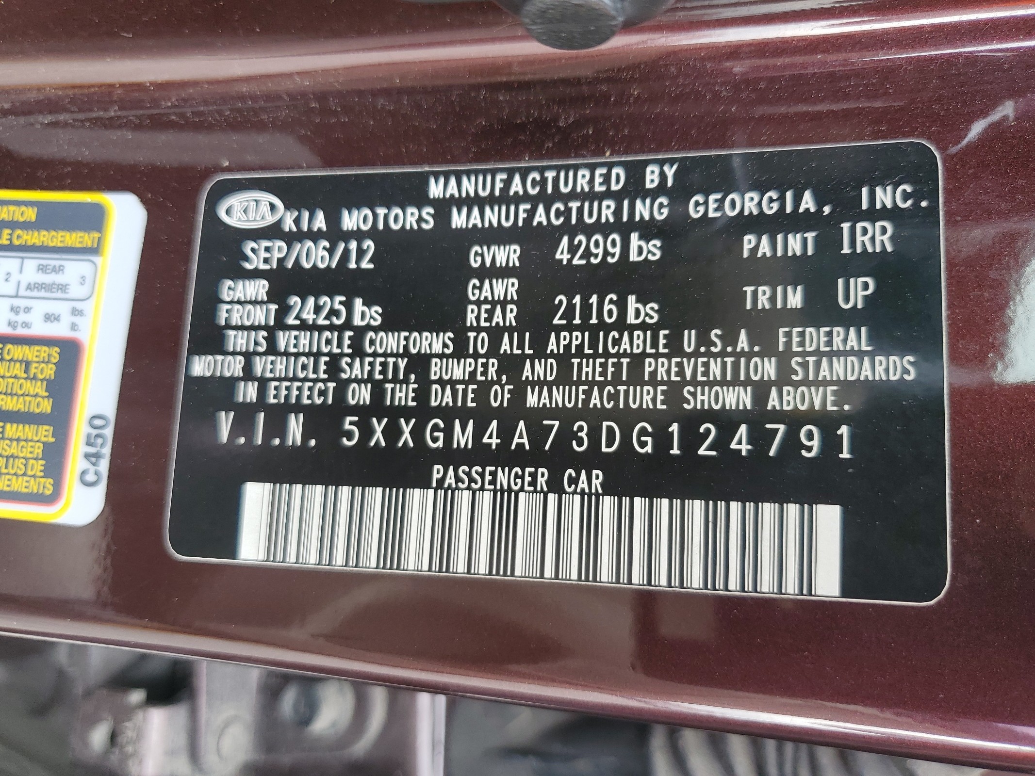 5XXGM4A73DG124791 2013 Kia Optima Lx