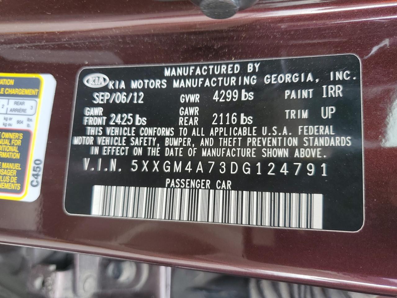 2013 Kia Optima Lx VIN: 5XXGM4A73DG124791 Lot: 62923334