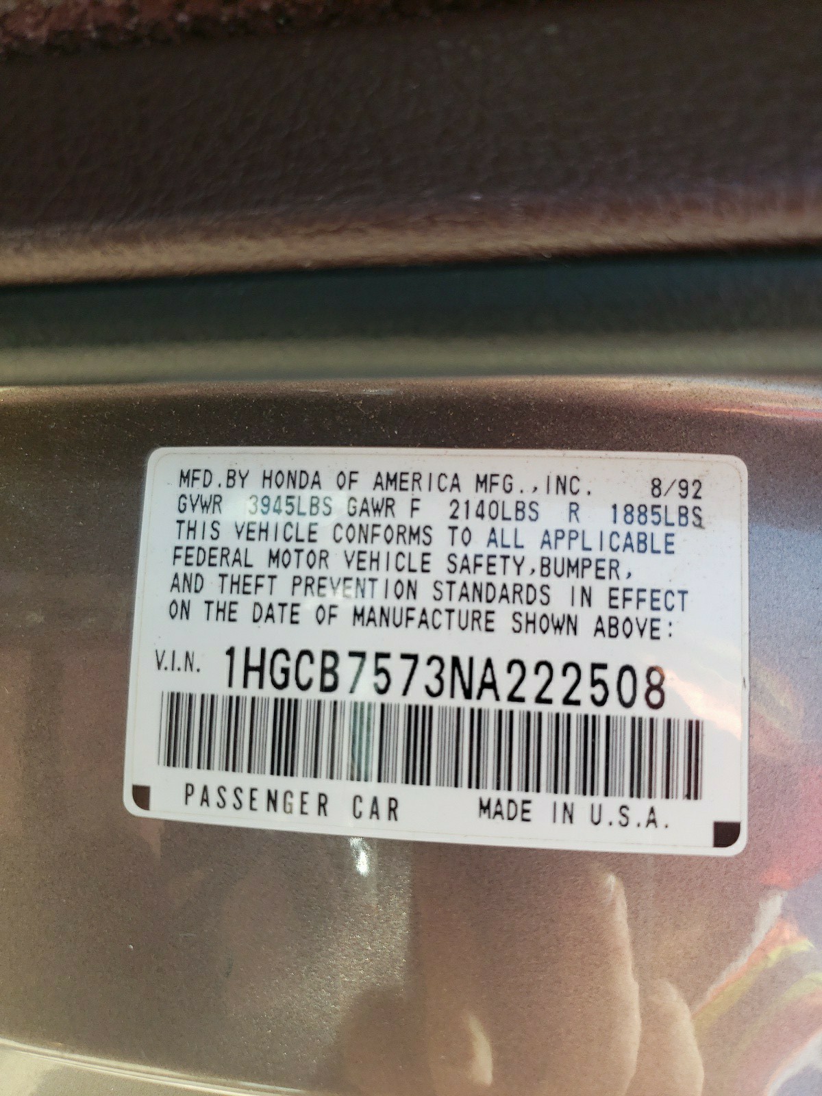 1HGCB7573NA222508 1992 Honda Accord Ex