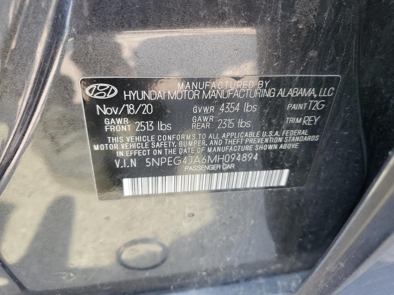 2021 Hyundai Sonata Se VIN: 5NPEG4JA6MH094894 Lot: 65521374