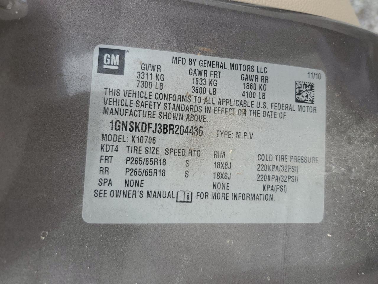 2011 Chevrolet Tahoe Hybrid VIN: 1GNSKDFJ3BR204436 Lot: 64477304