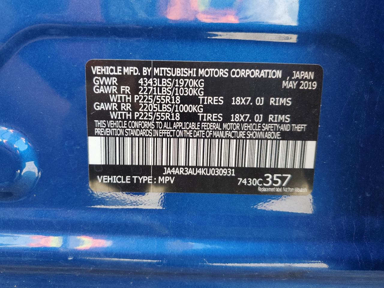 2019 Mitsubishi Outlander Sport Es VIN: JA4AR3AU4KU030931 Lot: 63182984