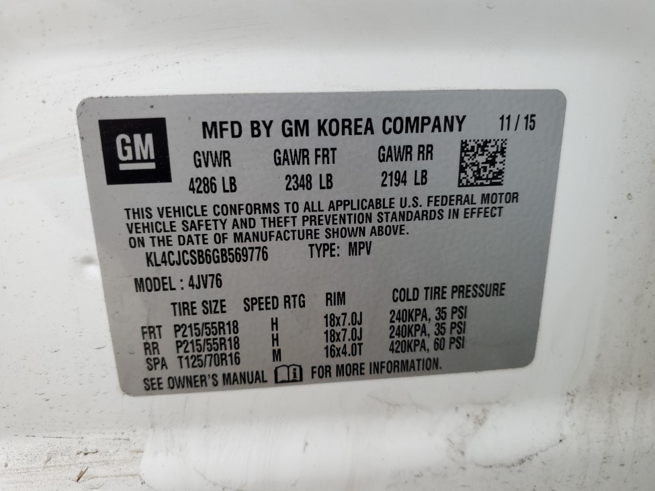 2016 Buick Encore VIN: KL4CJCSB6GB569776 Lot: 63400264