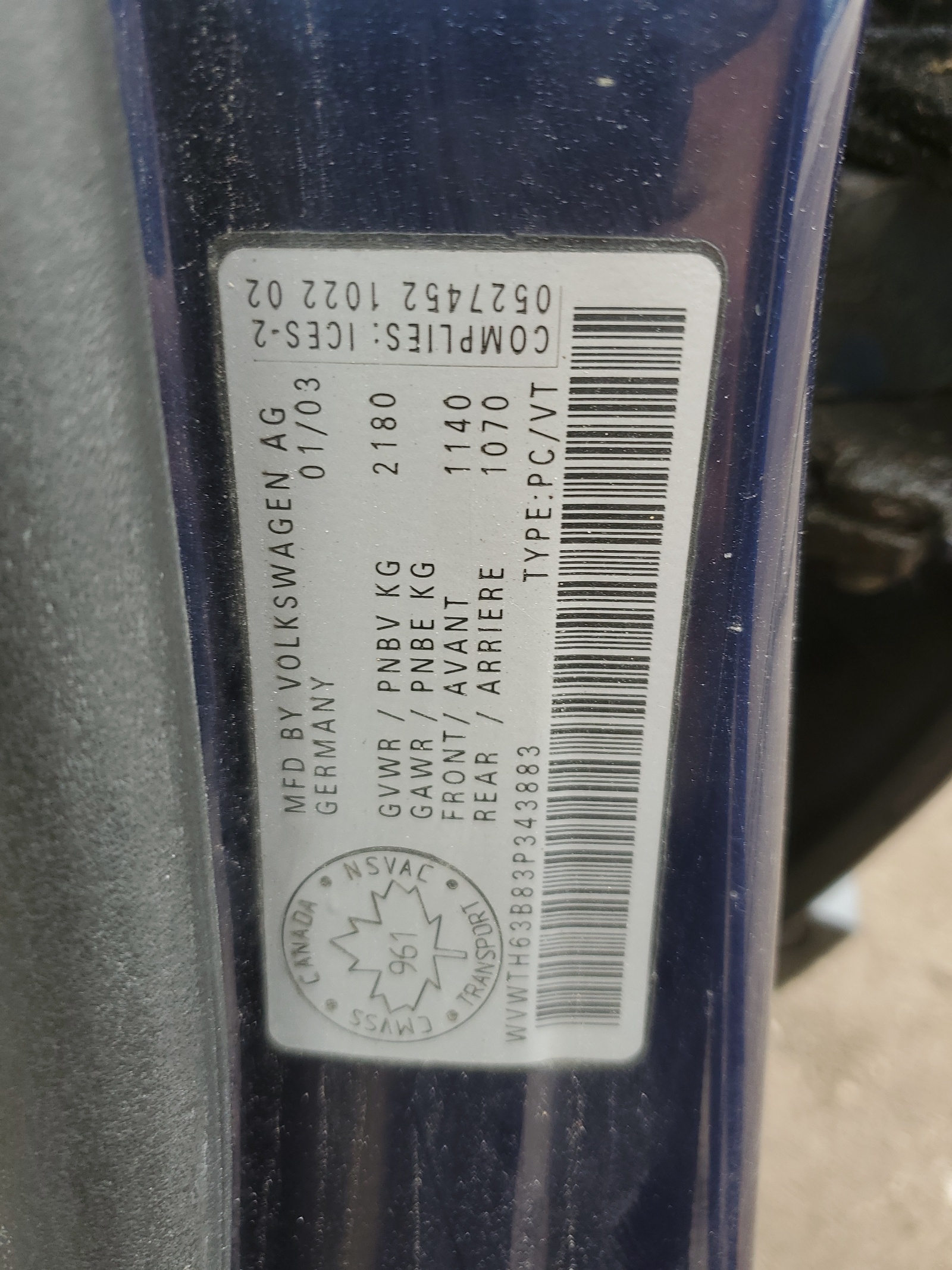 WVWTH63B83P343883 2003 Volkswagen Passat Glx 4Motion