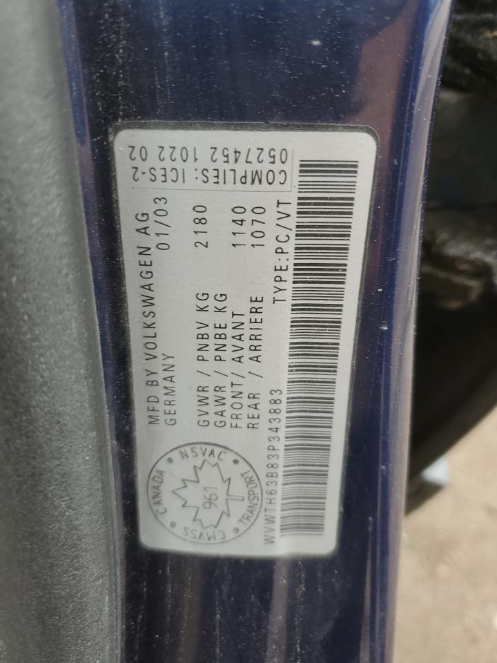 2003 Volkswagen Passat Glx 4Motion VIN: WVWTH63B83P343883 Lot: 62557574