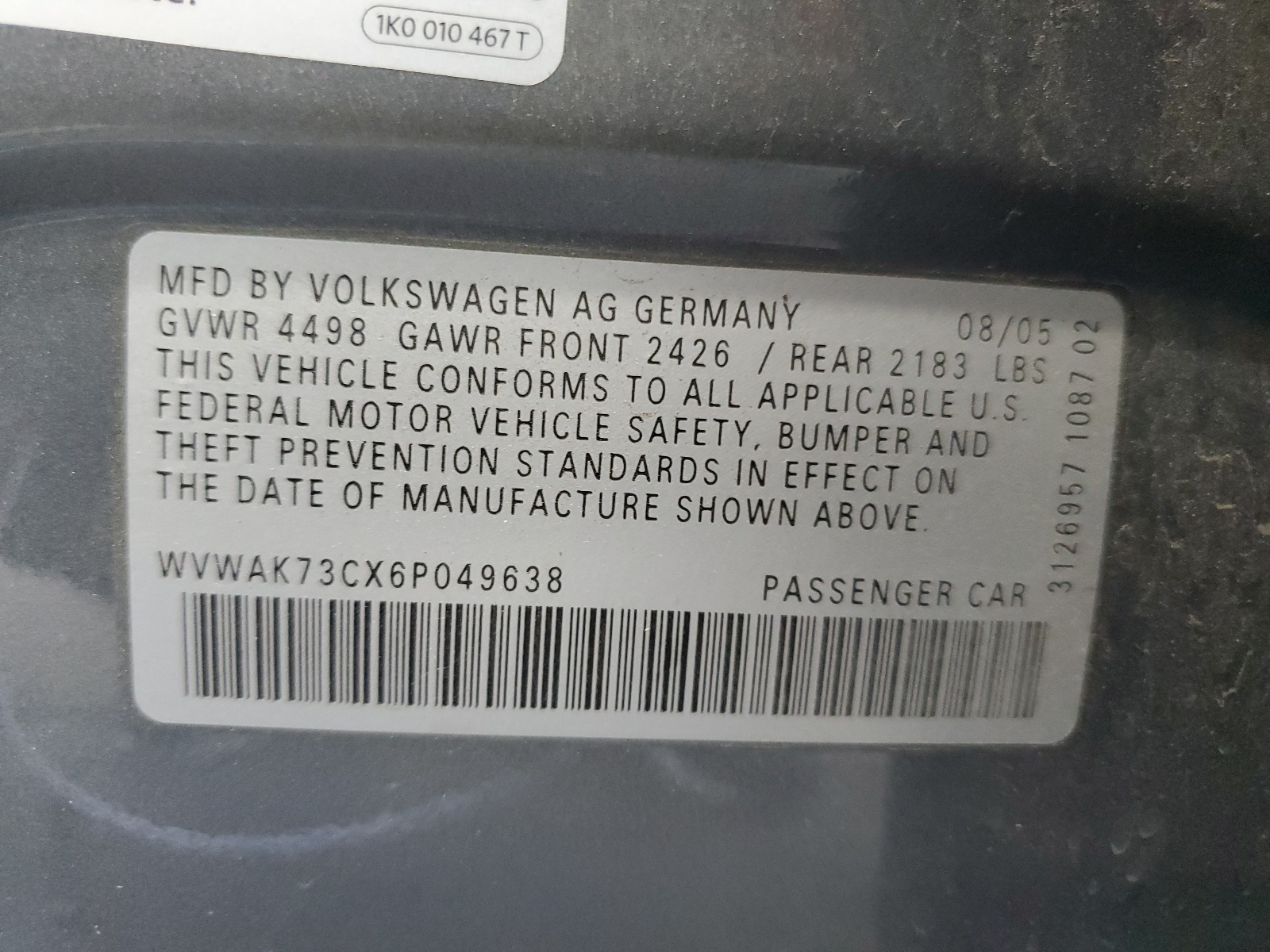 WVWAK73CX6P049638 2006 Volkswagen Passat 2.0T