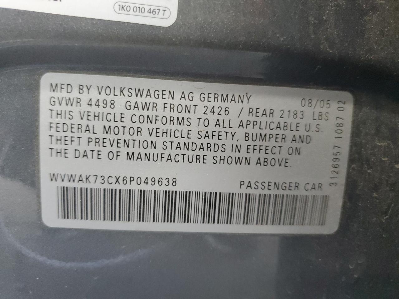 2006 Volkswagen Passat 2.0T VIN: WVWAK73CX6P049638 Lot: 62331174