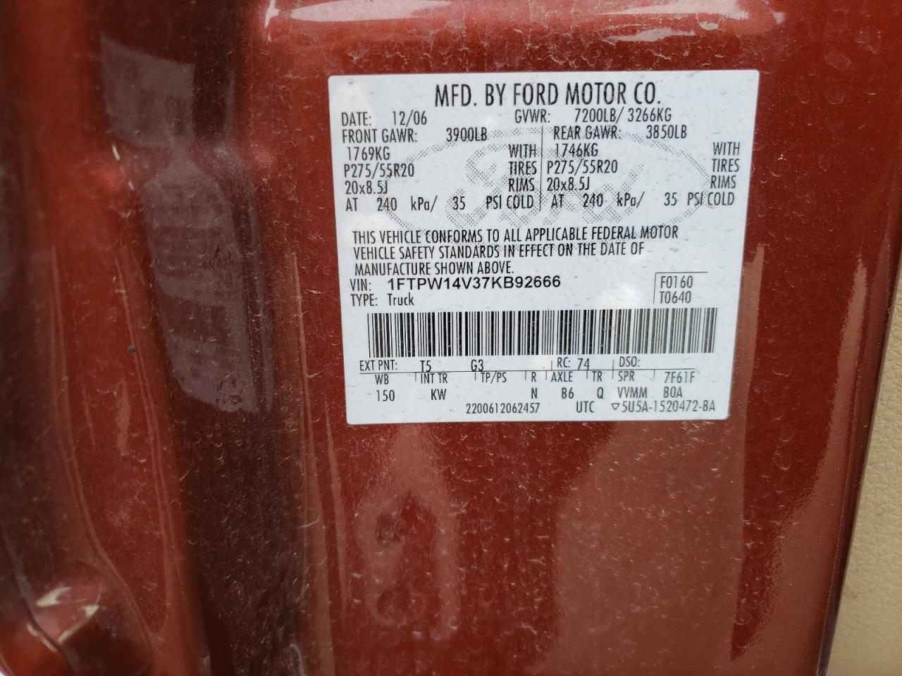 2007 Ford F150 Supercrew VIN: 1FTPW14V37KB92666 Lot: 65087184