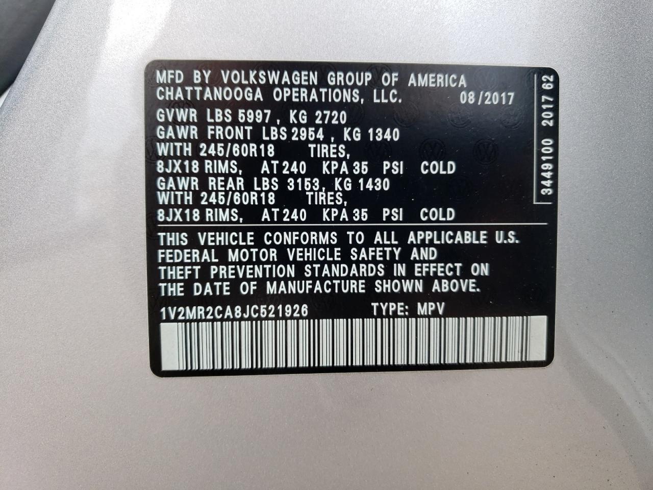 2018 Volkswagen Atlas Sel VIN: 1V2MR2CA8JC521926 Lot: 62954664