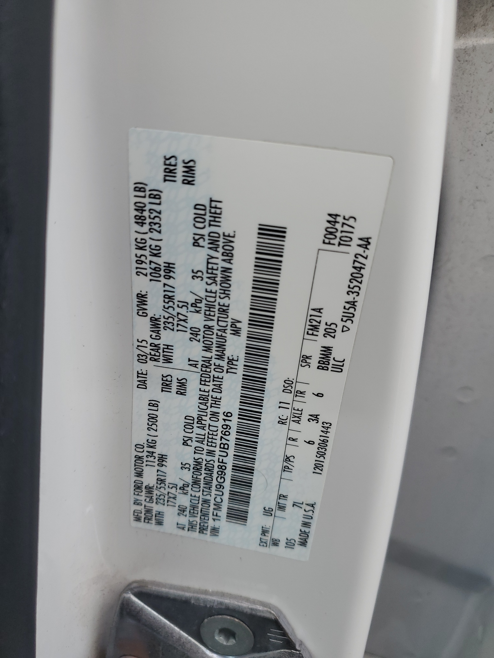 1FMCU9G98FUB76916 2015 Ford Escape Se