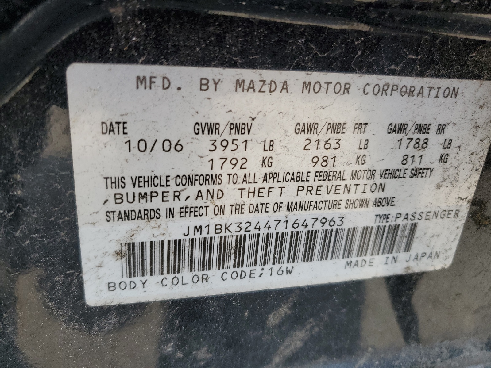 JM1BK324471647963 2007 Mazda 3 S