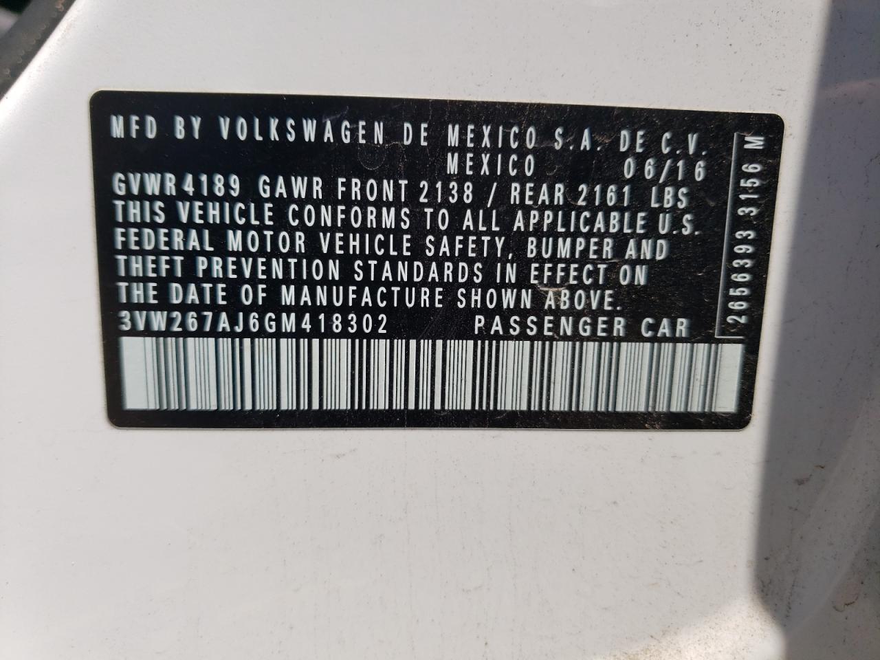 2016 Volkswagen Jetta S VIN: 3VW267AJ6GM418302 Lot: 63138704