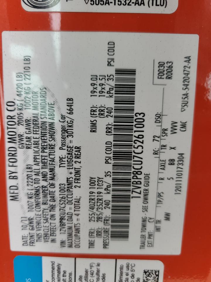 2012 Ford Mustang Boss 302 VIN: 1ZVBP8CU7C5261003 Lot: 63431654