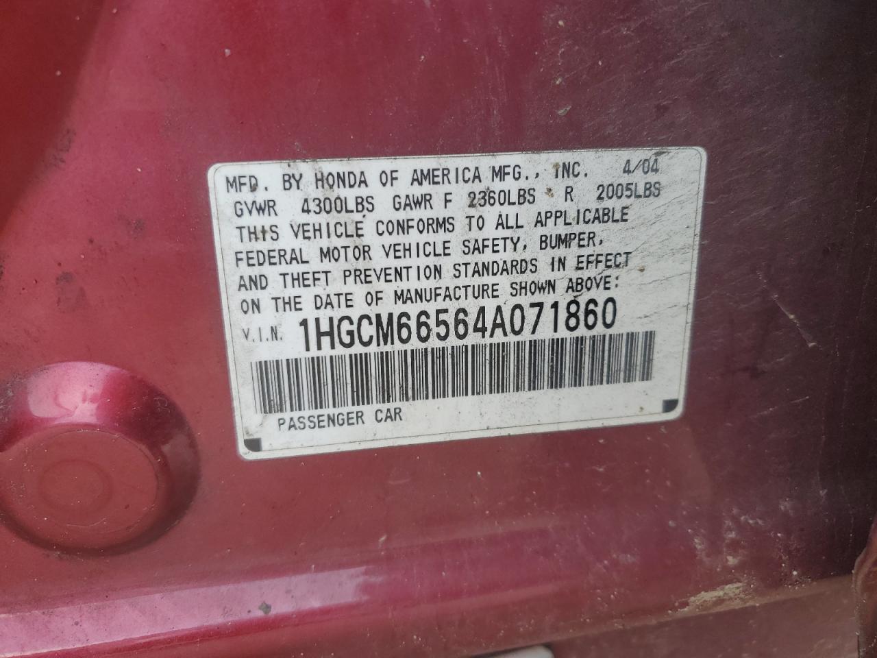 2004 Honda Accord Ex VIN: 1HGCM66564A071860 Lot: 62265724