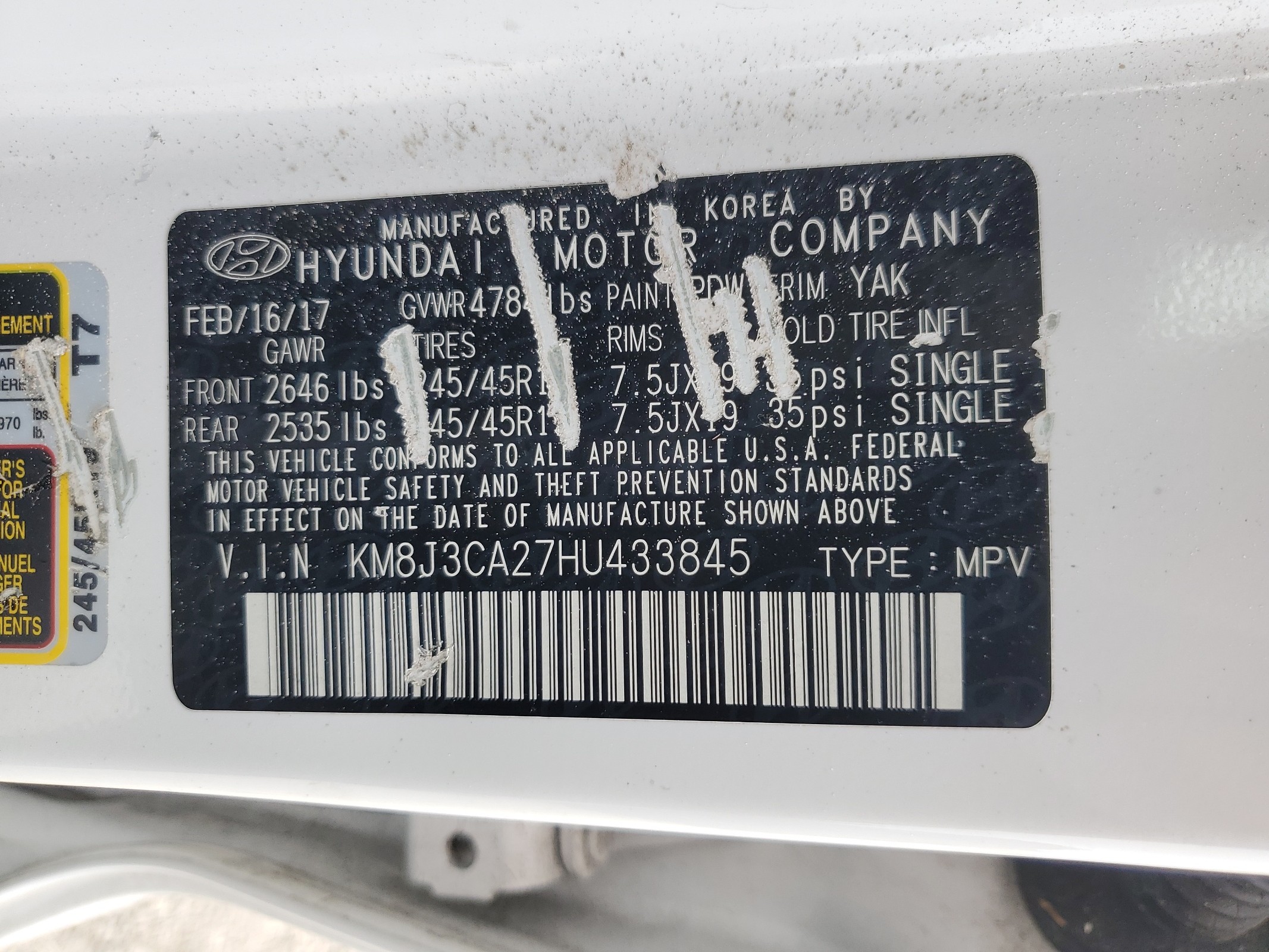 KM8J3CA27HU433845 2017 Hyundai Tucson Limited