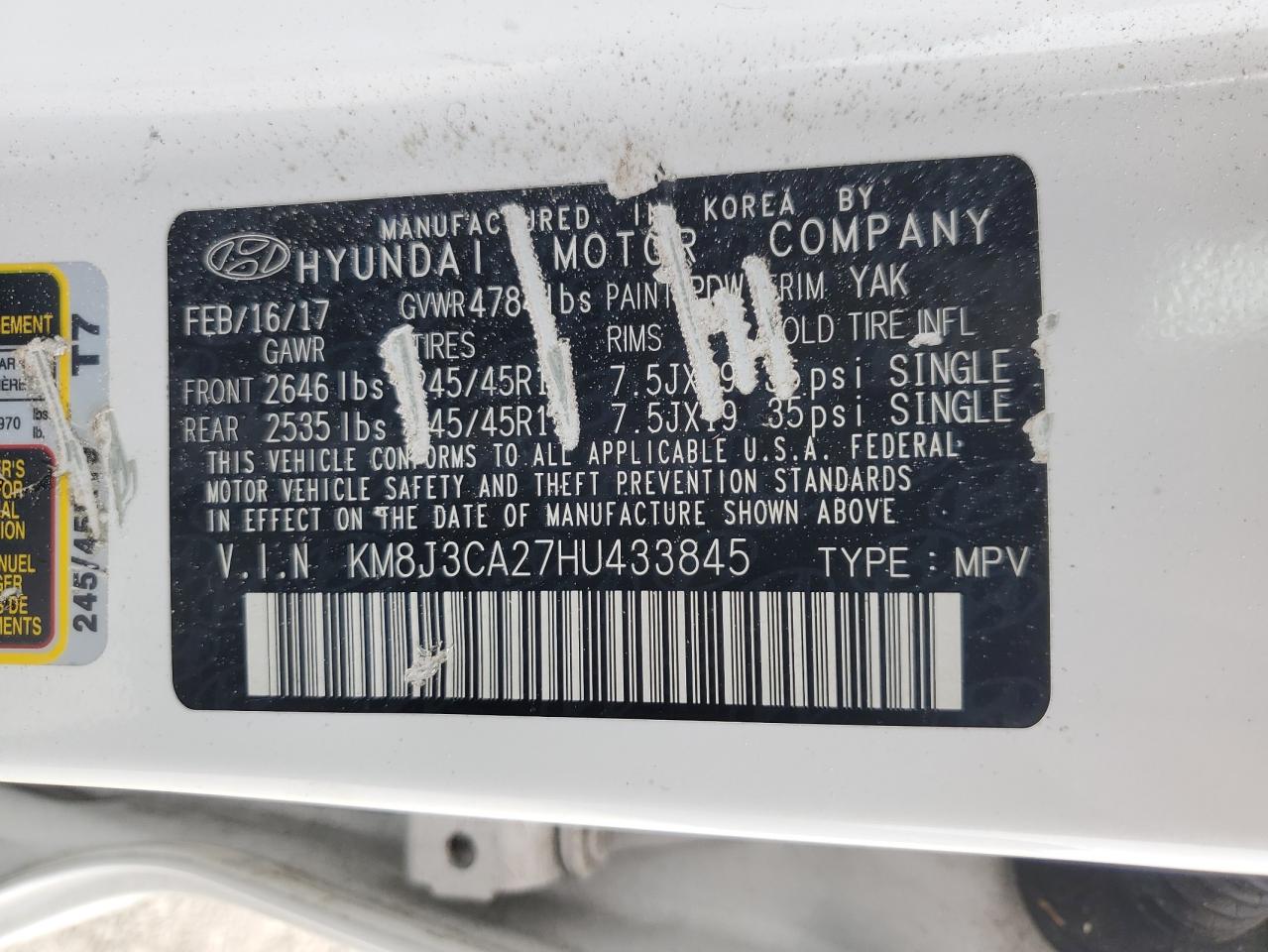 2017 Hyundai Tucson Limited VIN: KM8J3CA27HU433845 Lot: 60425884