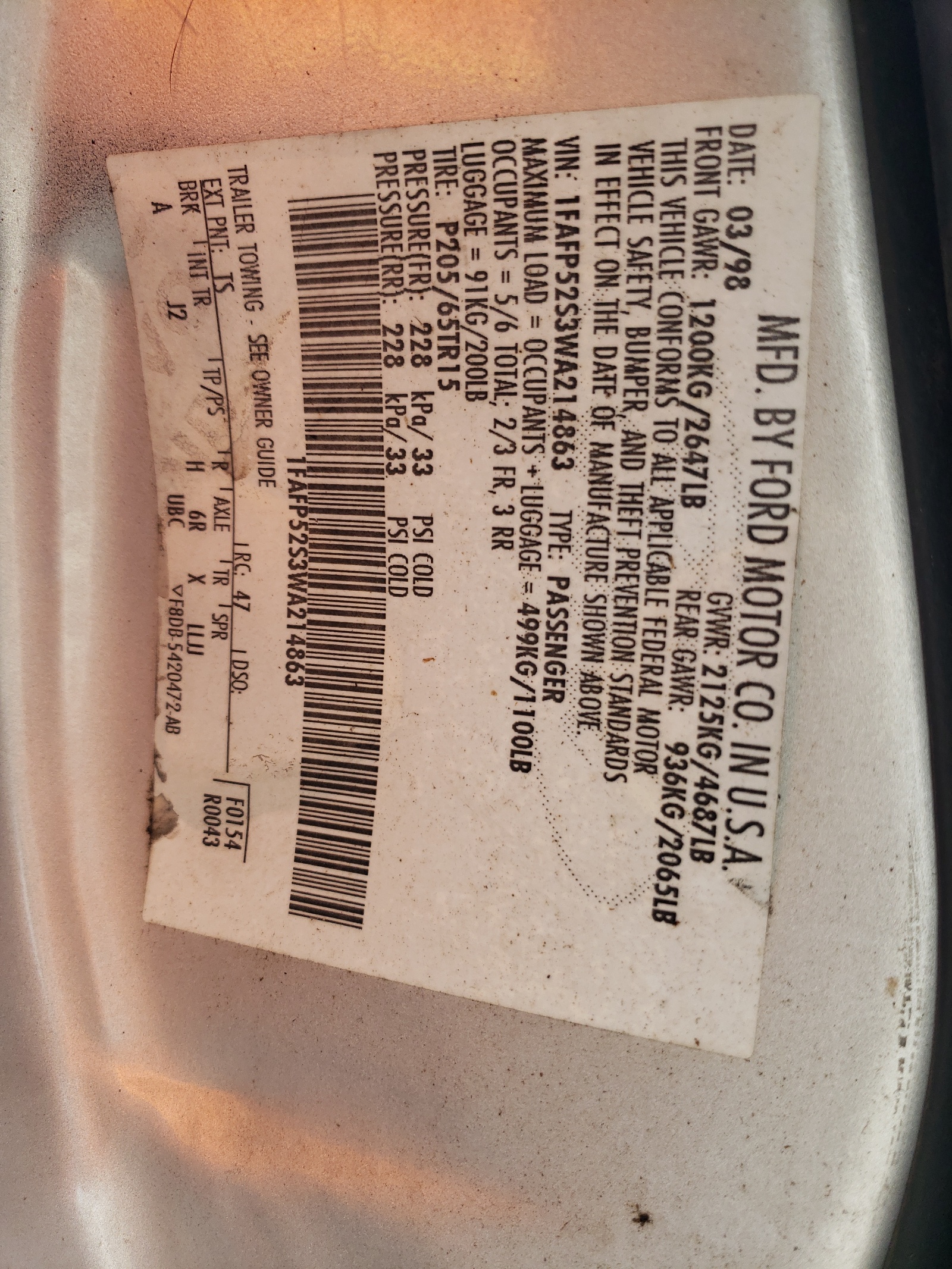 1FAFP52S3WA214863 1998 Ford Taurus Lx