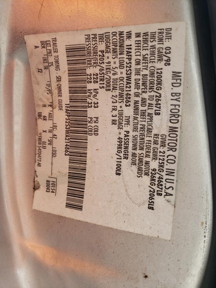 1998 Ford Taurus Lx VIN: 1FAFP52S3WA214863 Lot: 61666204