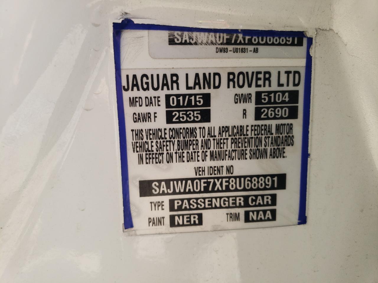 2015 Jaguar Xf 3.0 Sport VIN: SAJWA0F7XF8U68891 Lot: 64655664