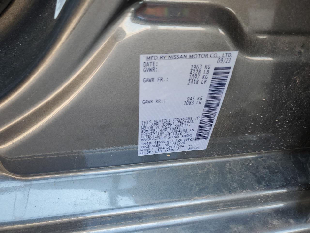 2024 Nissan Altima S VIN: 1N4BL4BV4RN319360 Lot: 65051254