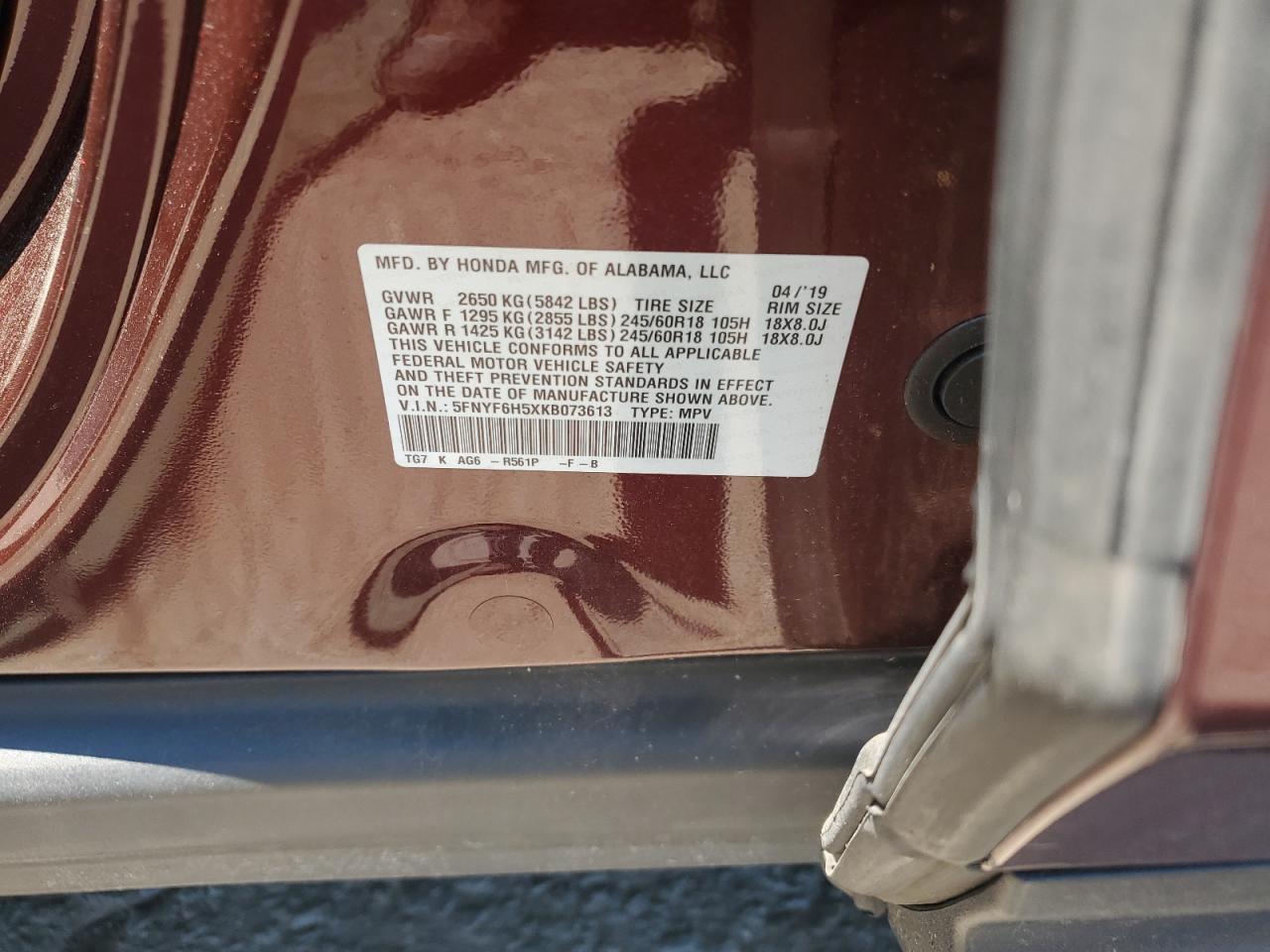 2019 Honda Pilot Exl VIN: 5FNYF6H5XKB073613 Lot: 61926644