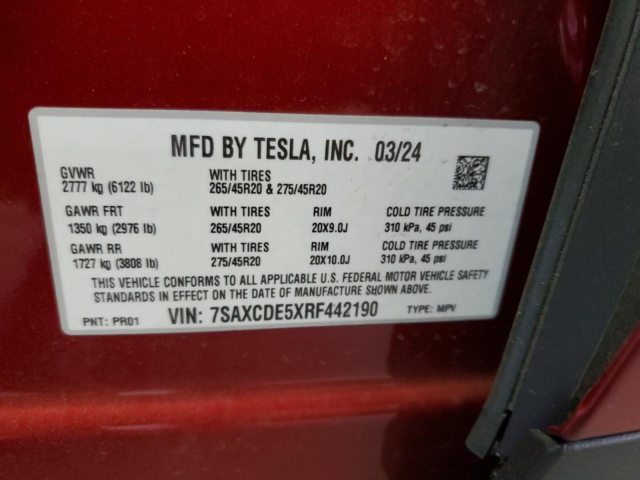 7SAXCDE5XRF442190 2024 Tesla Model X