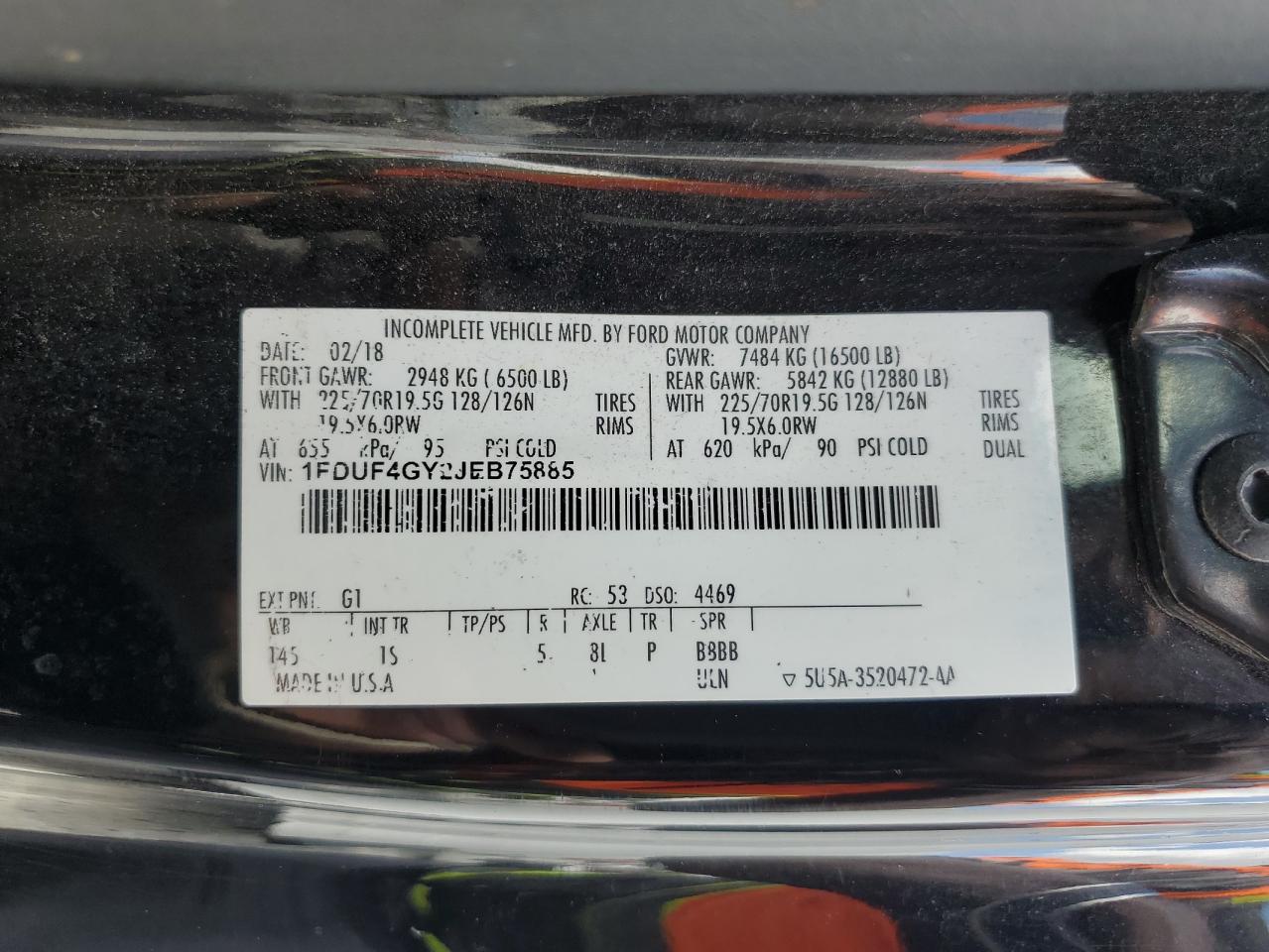 2018 Ford F450 Super Duty VIN: 1FDUF4GY2JEB75885 Lot: 63894454