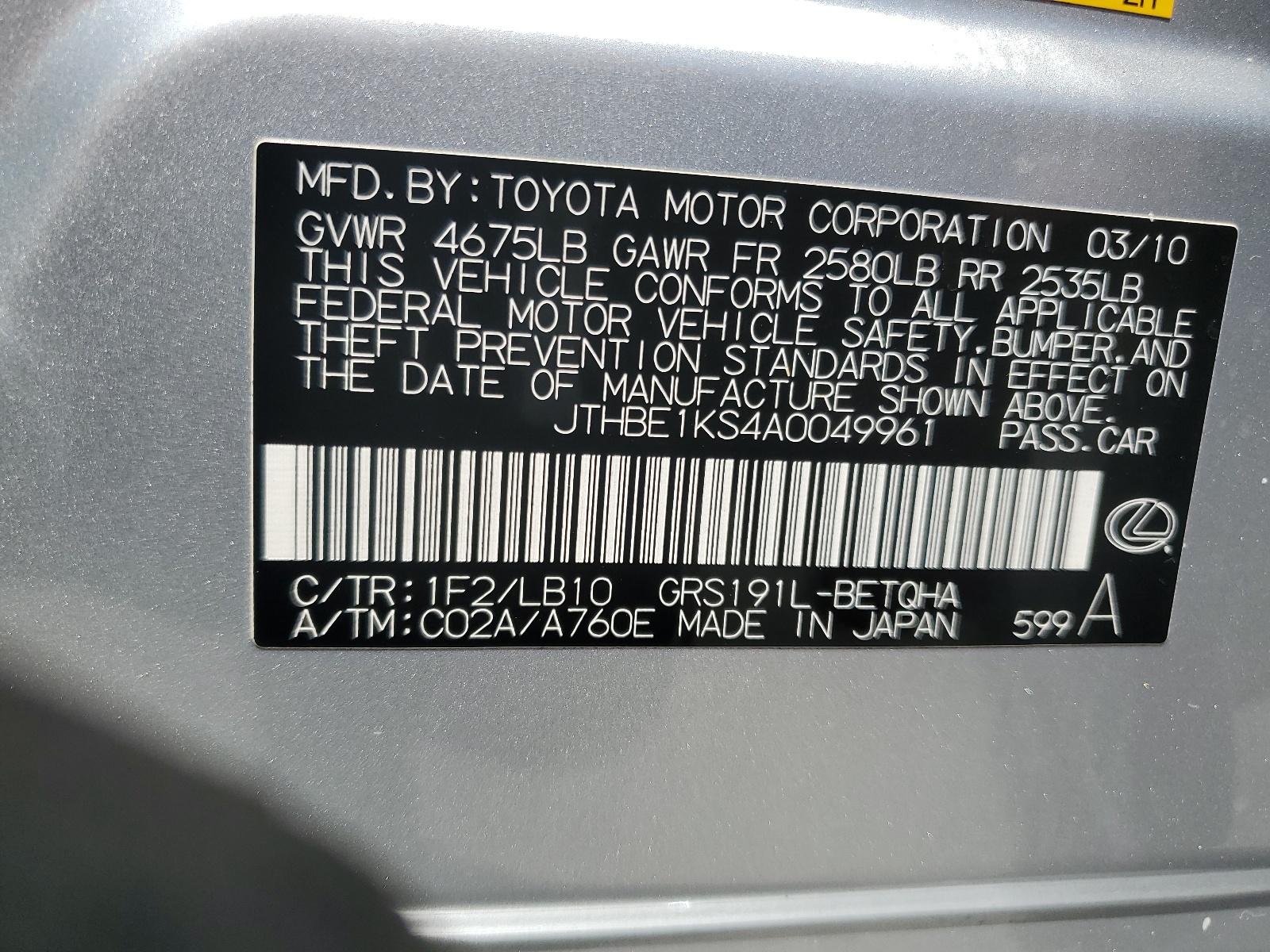 JTHBE1KS4A0049961 2010 Lexus Gs 350