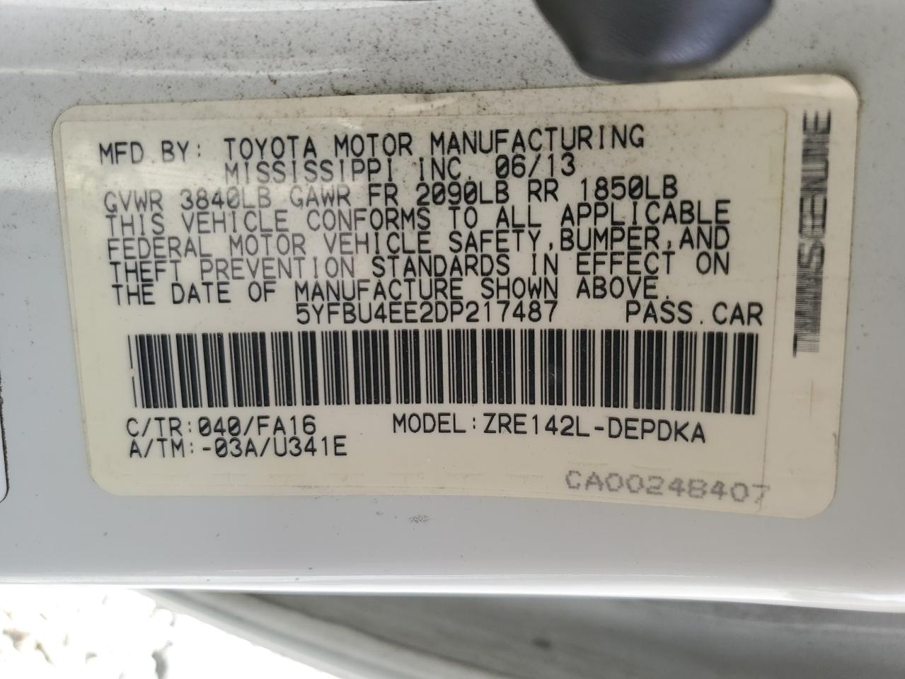 2013 Toyota Corolla Base VIN: 5YFBU4EE2DP217487 Lot: 64496144