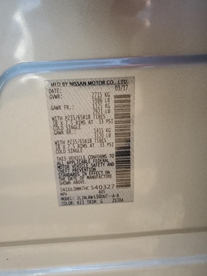 2017 Infiniti Qx60 VIN: 5N1DL0MM7HC540327 Lot: 63708854