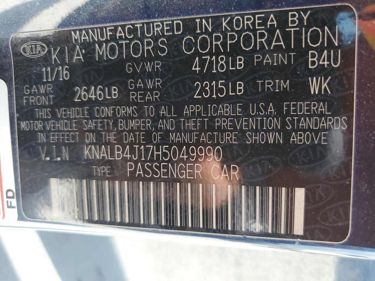 2017 Kia Cadenza Premium VIN: KNALB4J17H5049990 Lot: 65482014