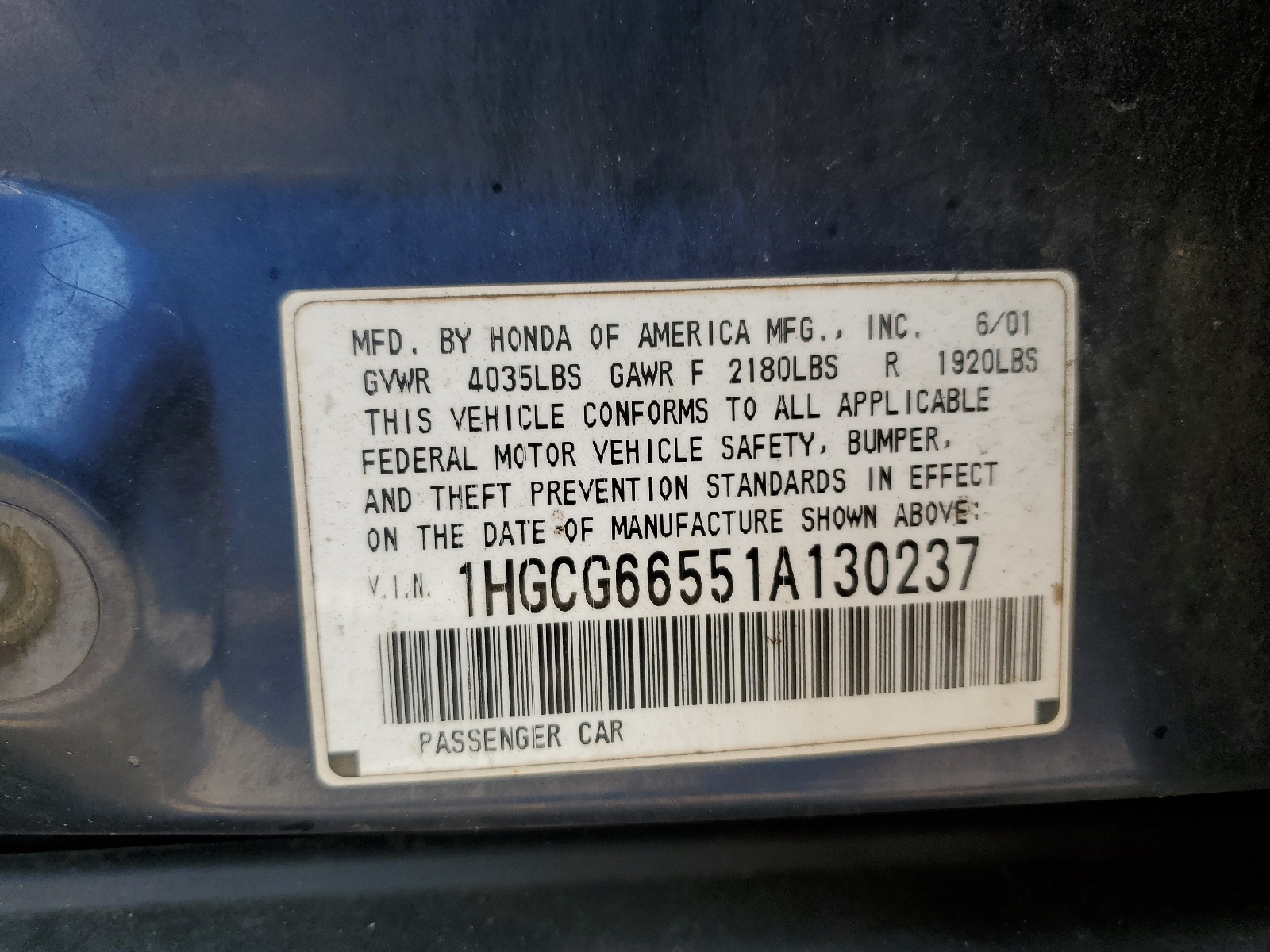 1HGCG66551A130237 2001 Honda Accord Lx