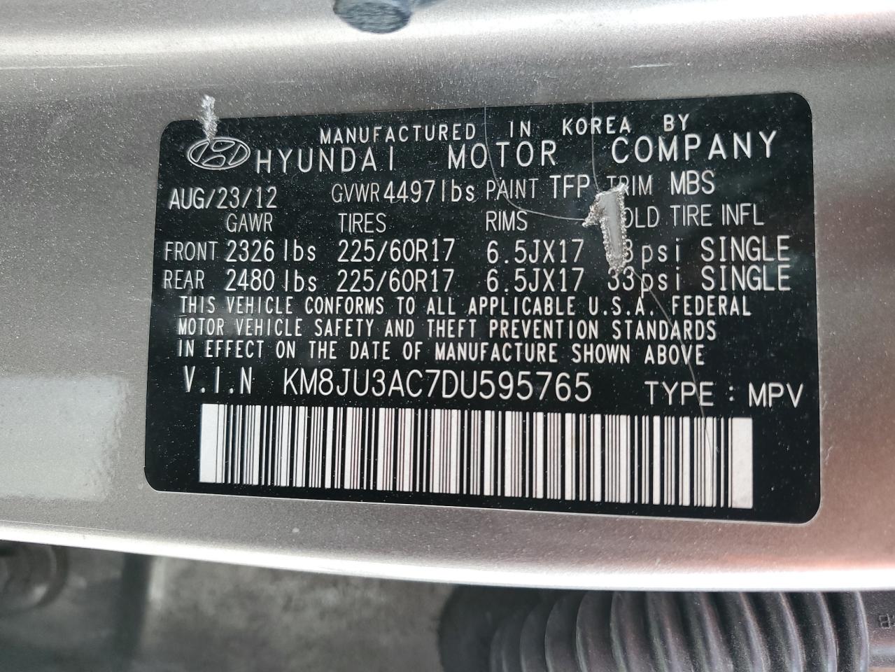 2013 Hyundai Tucson Gls VIN: KM8JU3AC7DU595765 Lot: 63948684