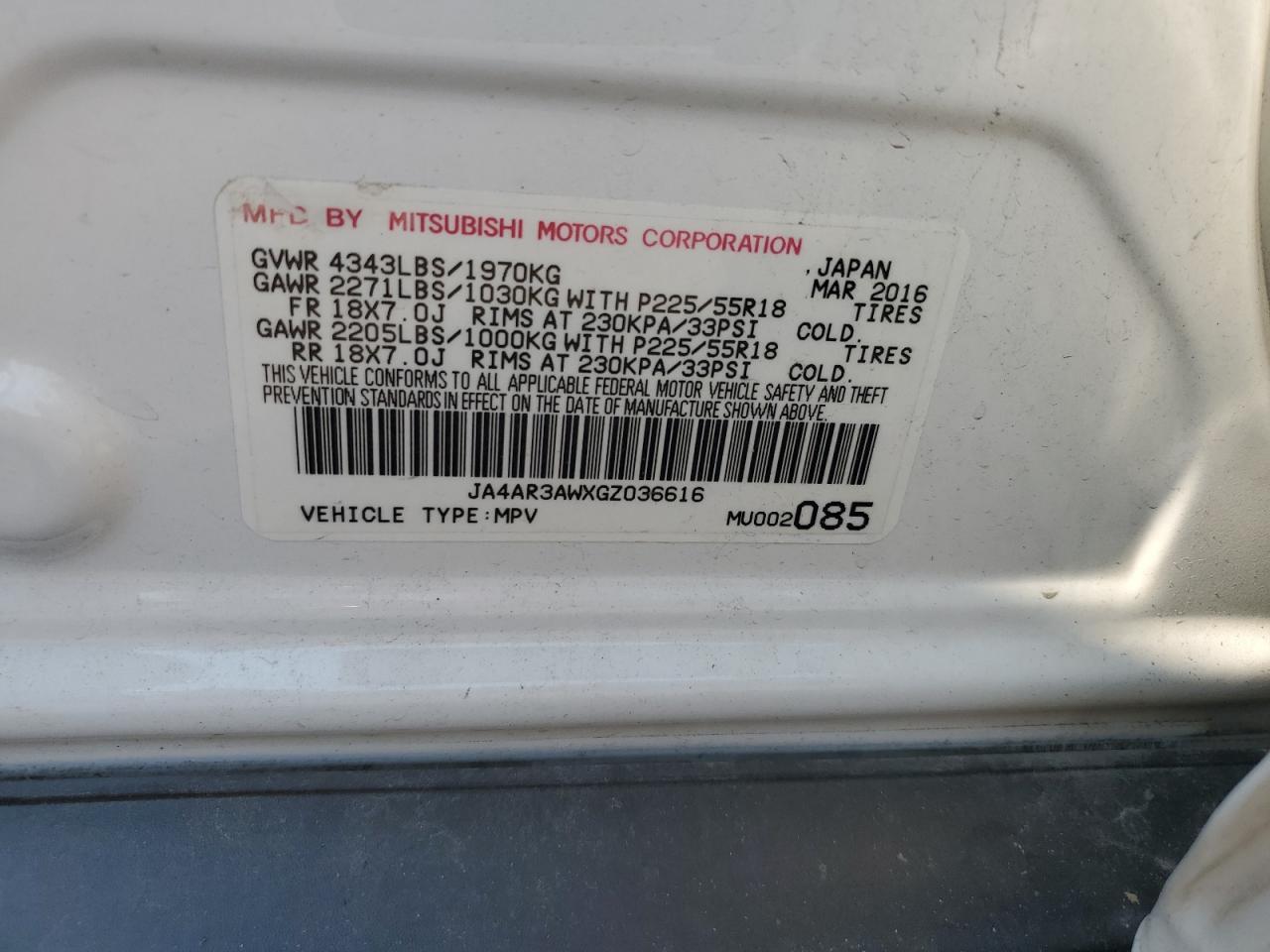 2016 Mitsubishi Outlander Sport Es VIN: JA4AR3AWXGZ036616 Lot: 64377844