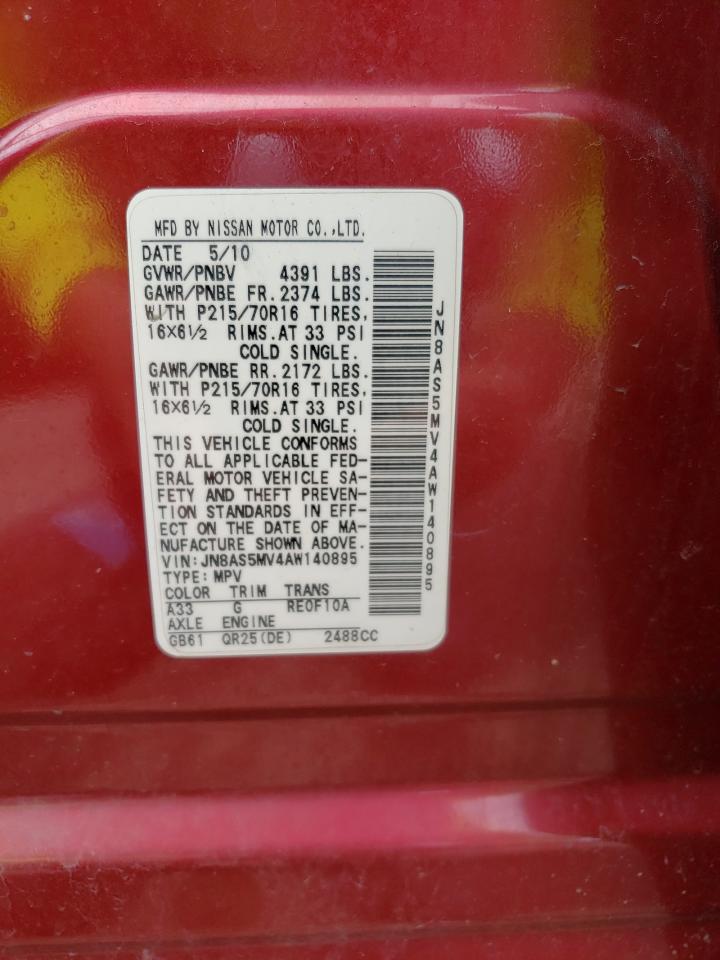 2010 Nissan Rogue S VIN: JN8AS5MV4AW140895 Lot: 62253084