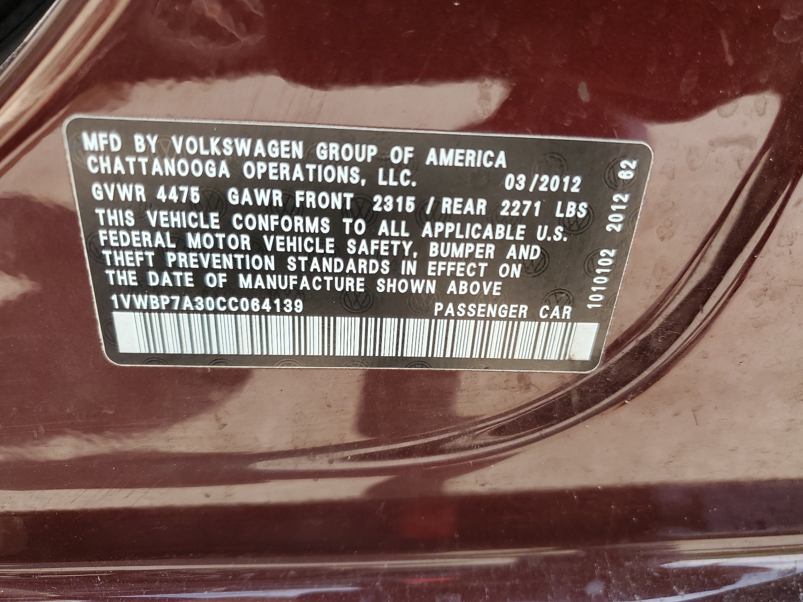 1VWBP7A30CC064139 2012 Volkswagen Passat Se