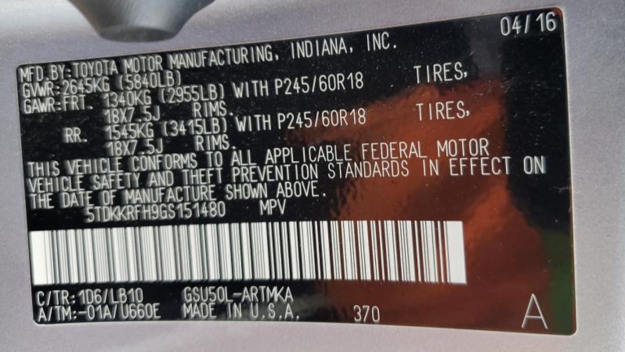 2016 Toyota Highlander Xle VIN: 5TDKKRFH9GS151480 Lot: 63721194