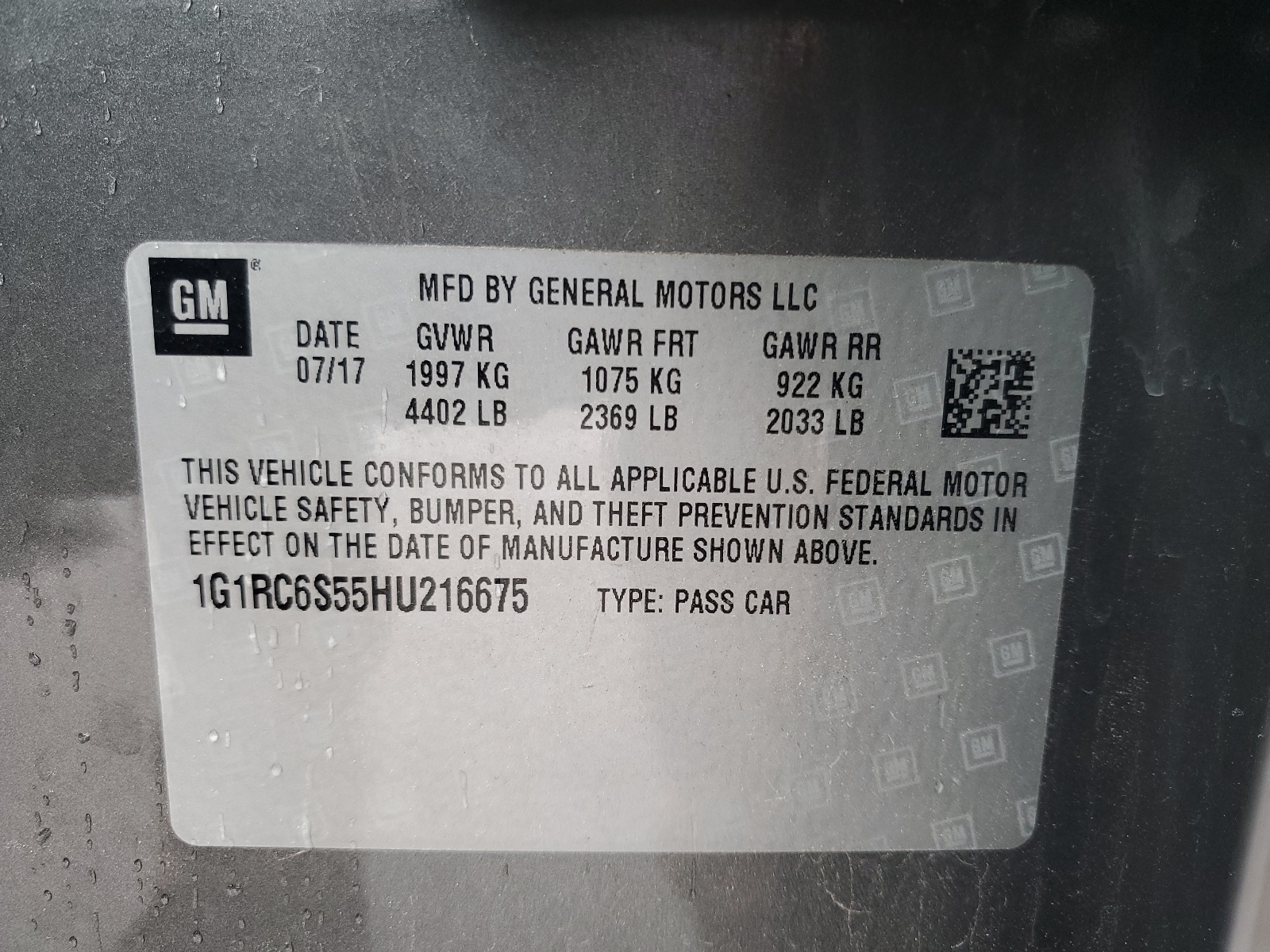 1G1RC6S55HU216675 2017 Chevrolet Volt Lt