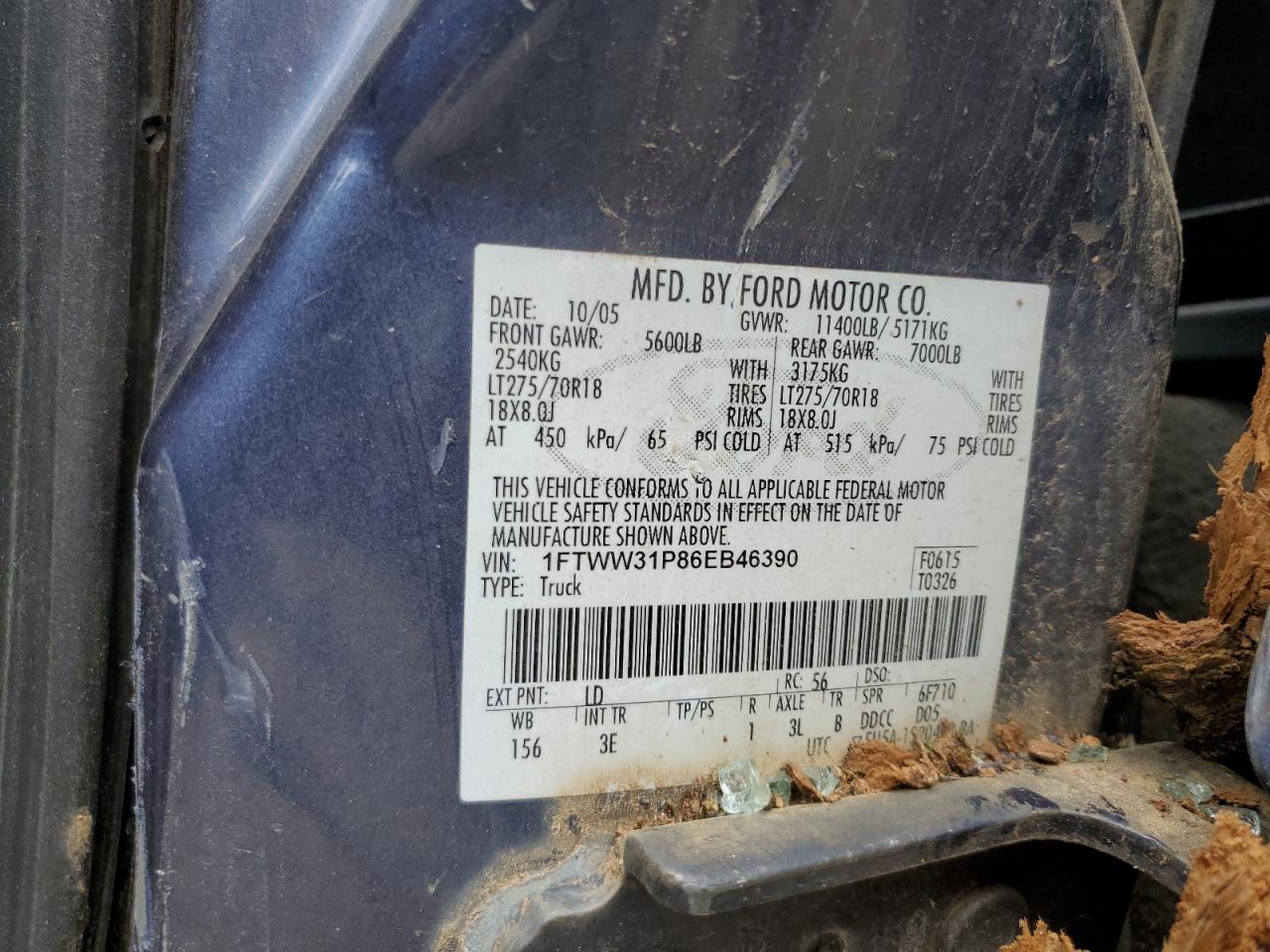 2006 Ford F350 Srw Super Duty VIN: 1FTWW31P86EB46390 Lot: 64846794