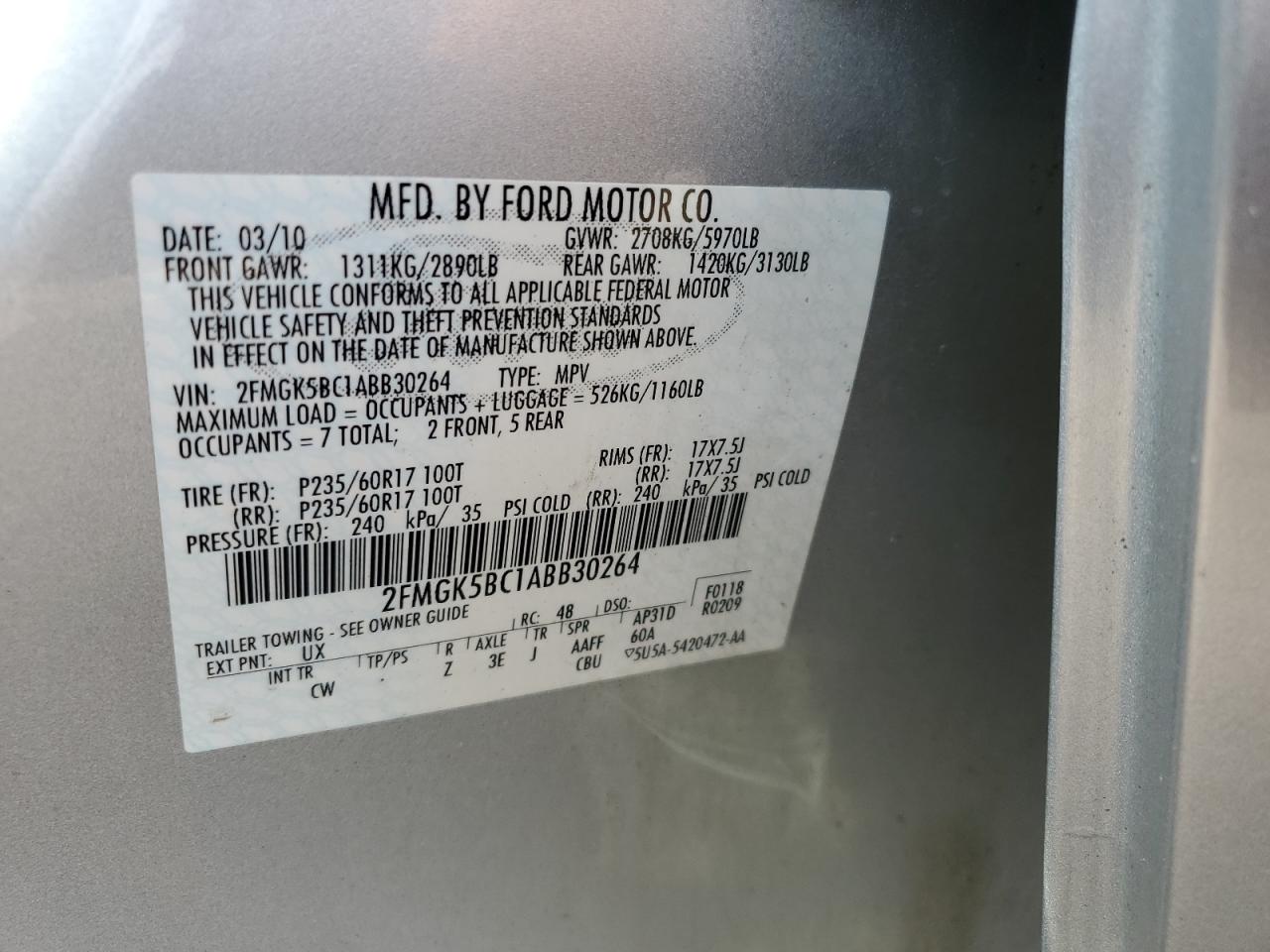 2010 Ford Flex Se VIN: 2FMGK5BC1ABB30264 Lot: 63583274