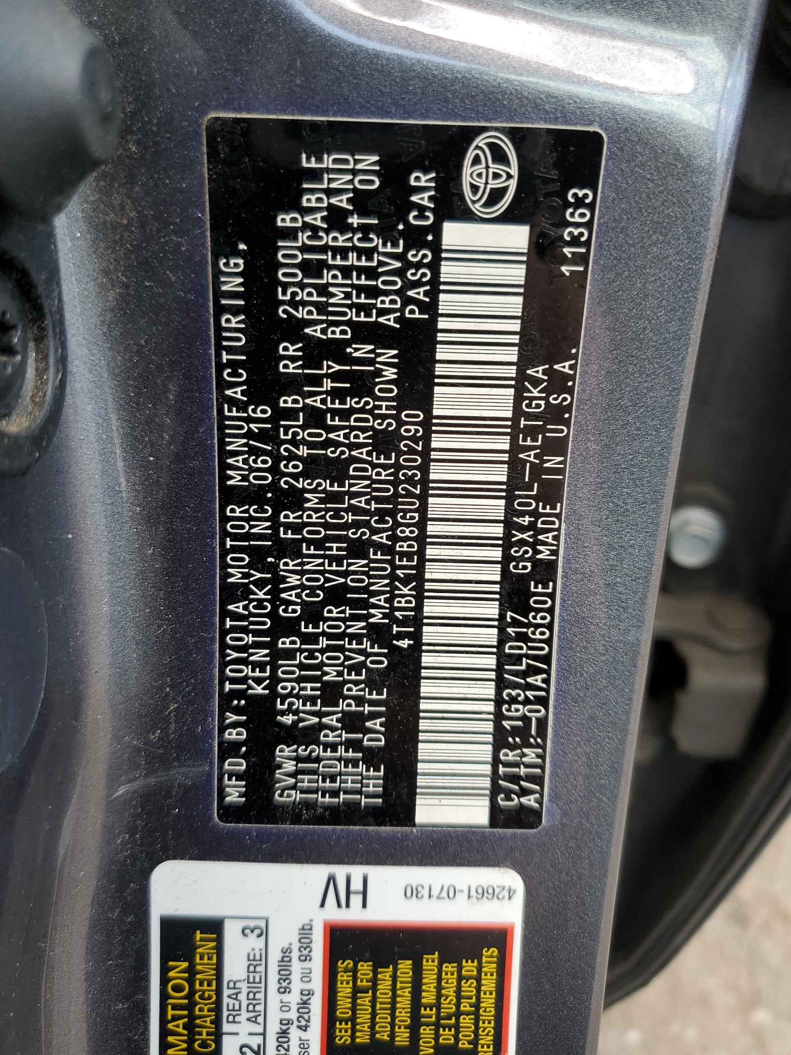 4T1BK1EB8GU230290 2016 Toyota Avalon Xle