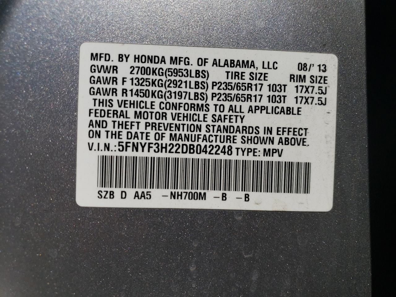 2013 Honda Pilot Lx VIN: 5FNYF3H22DB042248 Lot: 64677674