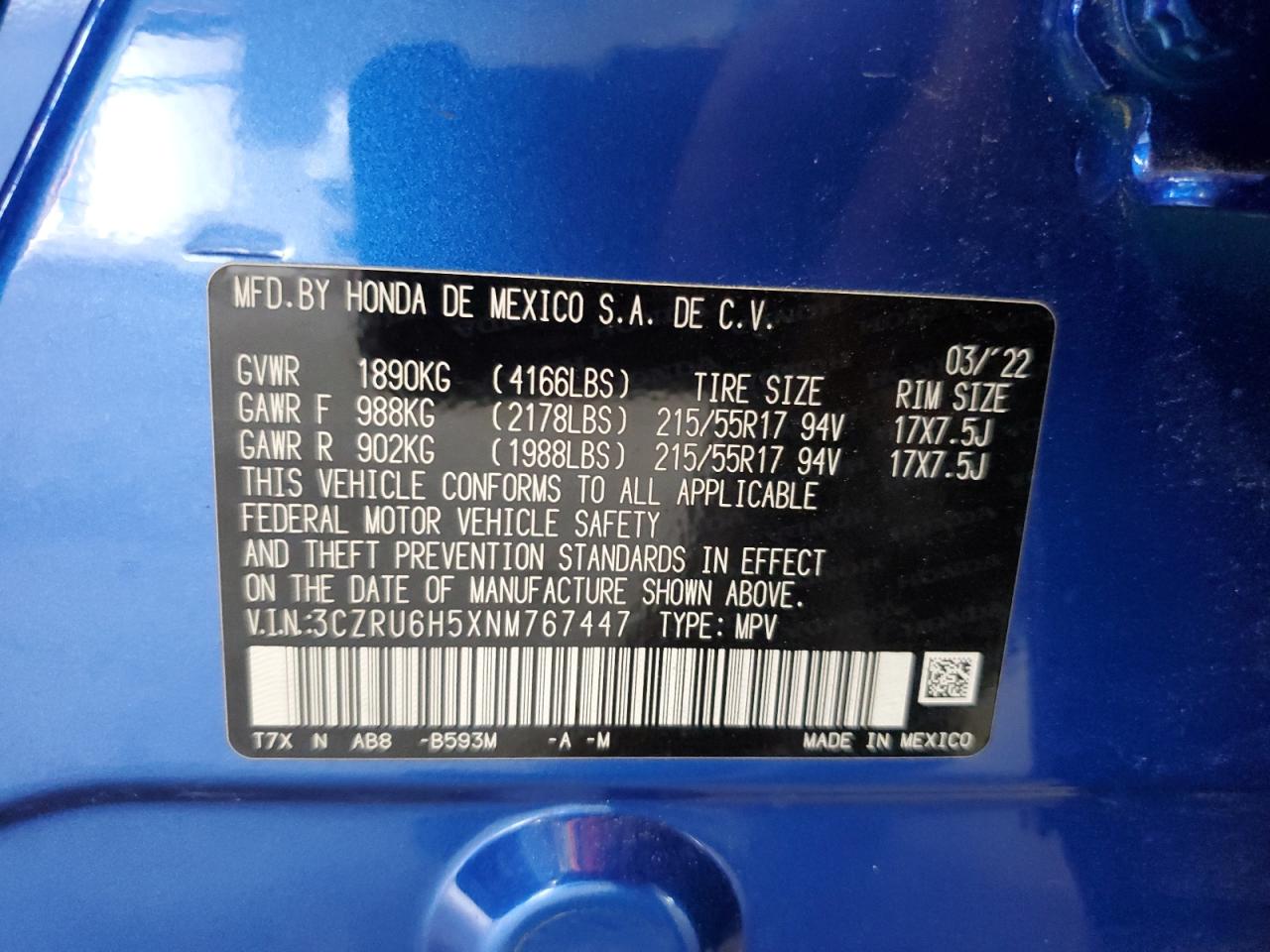 2022 Honda Hr-V Ex VIN: 3CZRU6H5XNM767447 Lot: 64235894