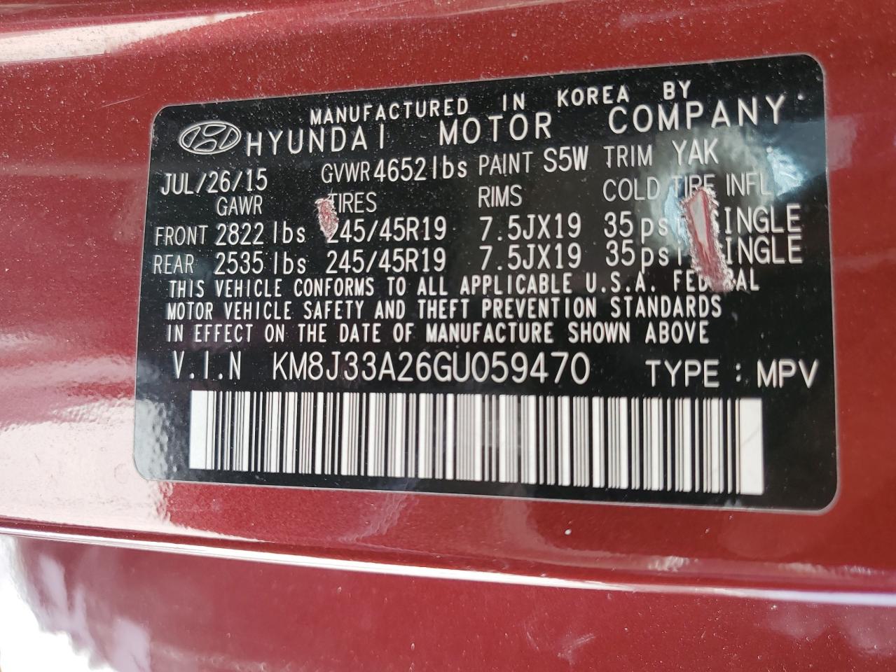 2016 Hyundai Tucson Limited VIN: KM8J33A26GU059470 Lot: 63832144