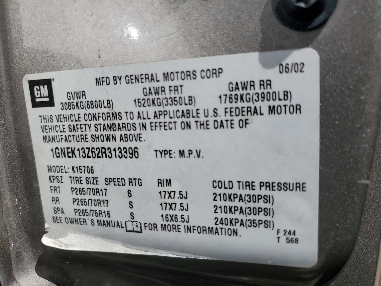 2002 Chevrolet Tahoe K1500 VIN: 1GNEK13Z62R313396 Lot: 62050454