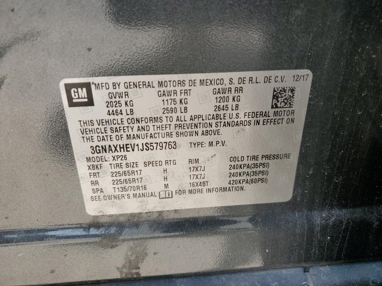 2018 Chevrolet Equinox Ls VIN: 3GNAXHEV1JS579763 Lot: 63744954