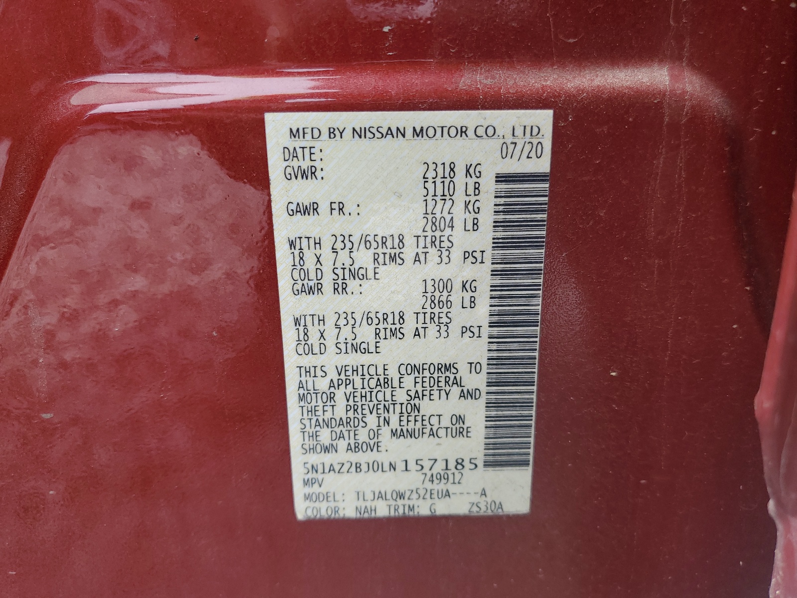 5N1AZ2BJ0LN157185 2020 Nissan Murano Sv