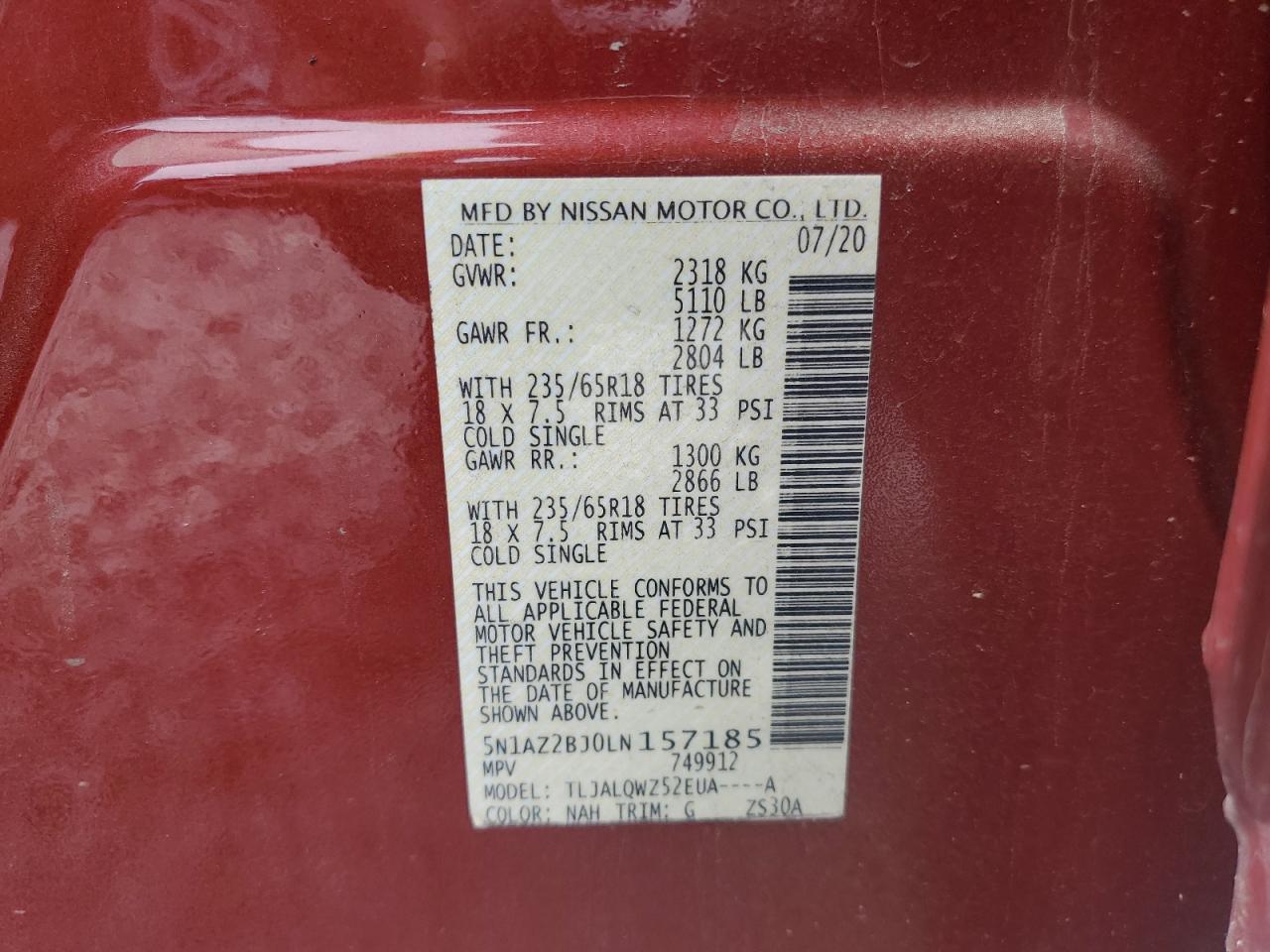 2020 Nissan Murano Sv VIN: 5N1AZ2BJ0LN157185 Lot: 62900414