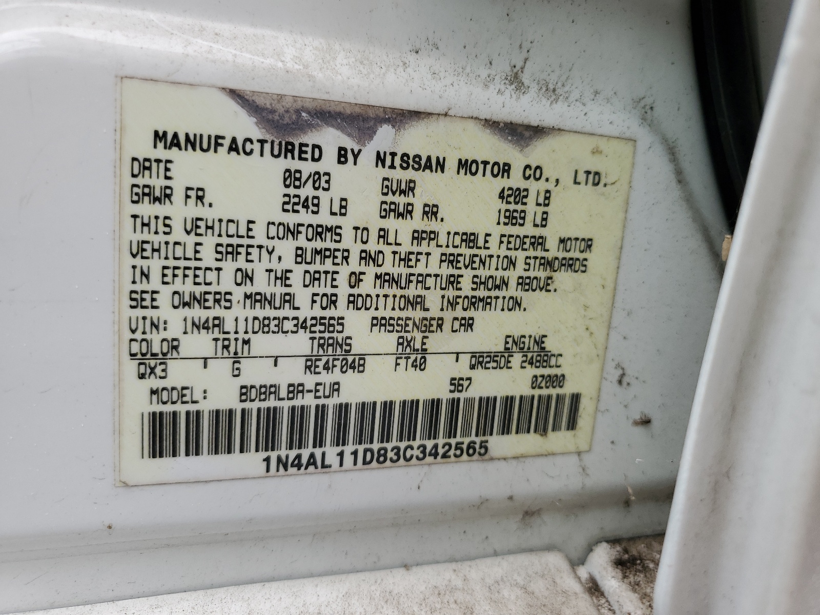 1N4AL11D83C342565 2003 Nissan Altima Base